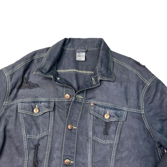 H&M Distressed Boyfriend Oversized Trucker Jacket Denim Navy Blue Womens 12 - Picture 3 of 6